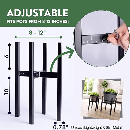 Miniatura 4 de iSpaces - Juego de 2 soportes de metal ajustables de 2 niveles, soporte para plantas negro resistente para interiores y exteriores, soporte