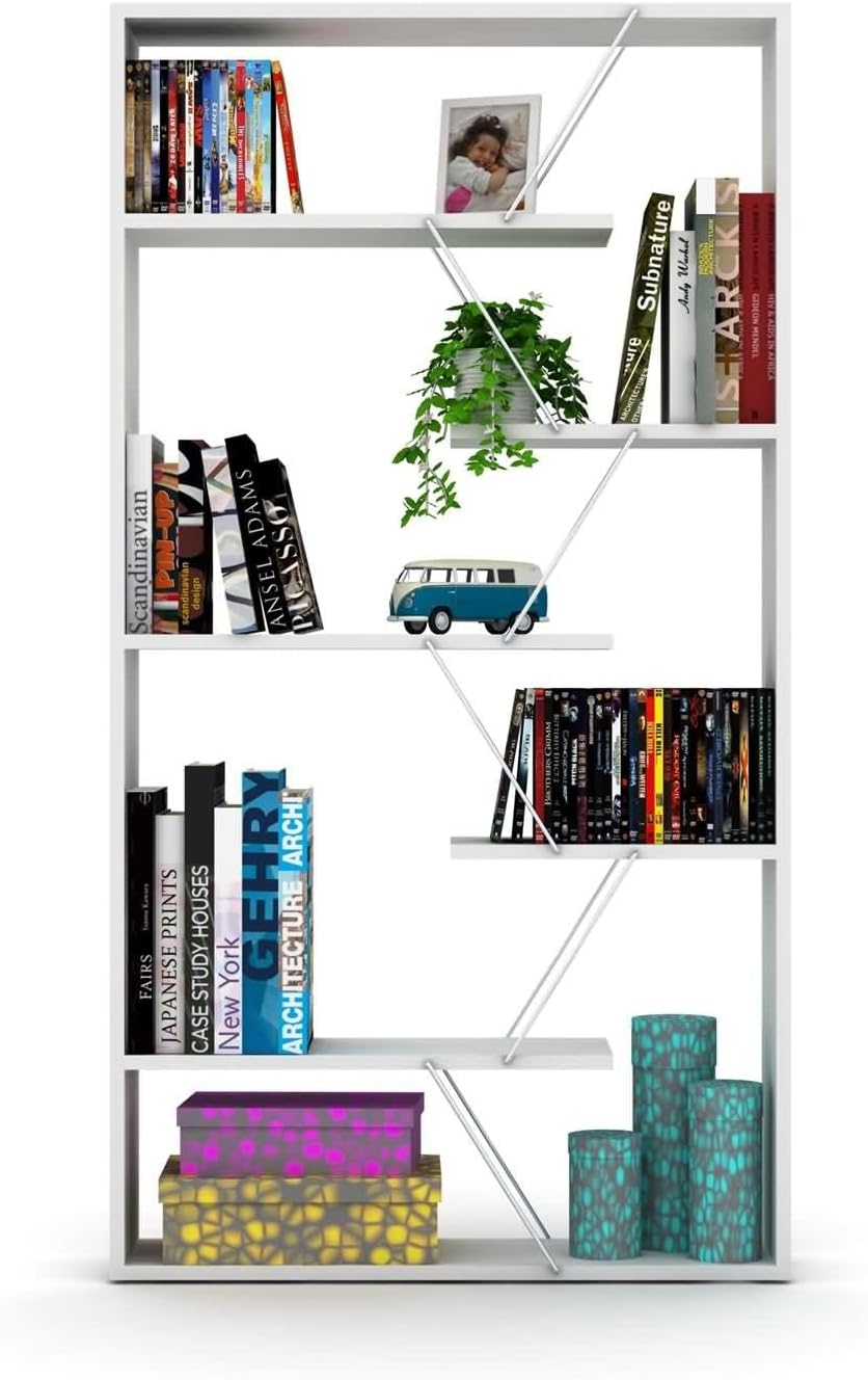 Daesar Wood Frame Etagere Open Back 6 Shelves Bookcase Industrial Bookshelf for Office and Living Room Modern Bookcases Large Bookshelf Organizer, White