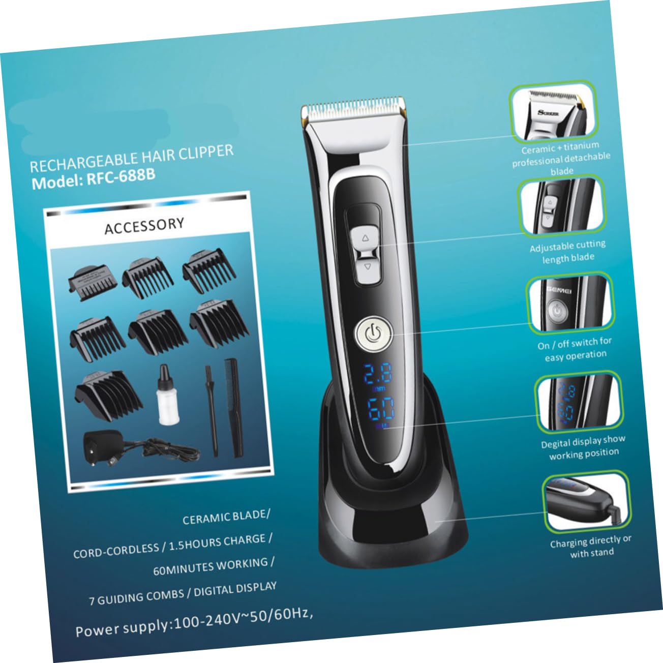 Cortapelos Eléctrico Recargable con Cuchilla Cerámica Desmontable Pantalla LED Inalámbrico para Hombres Ajuste Preciso 7 Peines Uso Doméstico Kit Completo