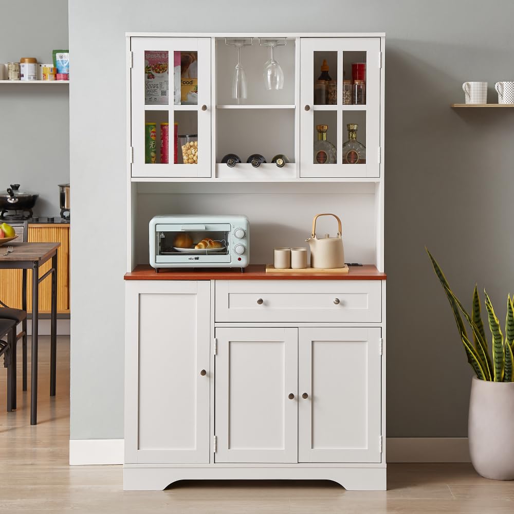 Kitchen Pantry Storage Cabinet, Modern Buffet Cabinet with Hutch, Tall Kitchen Hutch Cabinet with Microwave Stand, Food Pantry Cabinet for Dining Room, White, 39''w x 15.7''d x 68''h