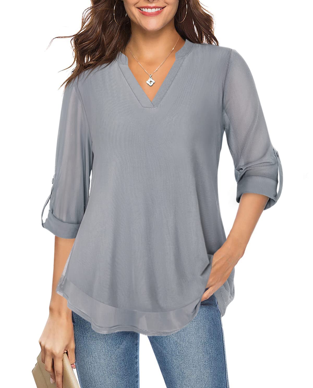 SeSe CodeWomens Roll 3/4 Sleeve Mesh Blouses Loose Flowy Tops Stretchy Shirts