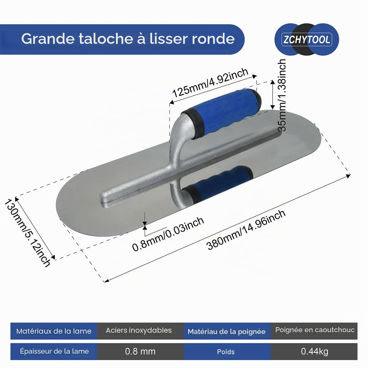 Truelle de lissage ronde en acier inoxydable - 380 x 125 mm - Poignée en caoutchouc - Truelle de nettoyage - Outil de nettoyage pour béton - Outil de lissage et de traitement de