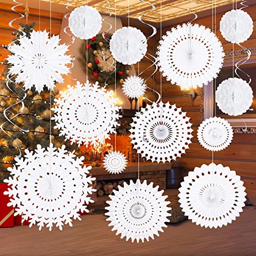 20 Pcs White Paper Snowflake Decorations Christmas Snowflake Hanging Swirl Decorations Tissue Poms And Fans Hanging Ceiling Decor For Winter Party Birthday Wonderland Xmas Holiday Supplies #TOP27