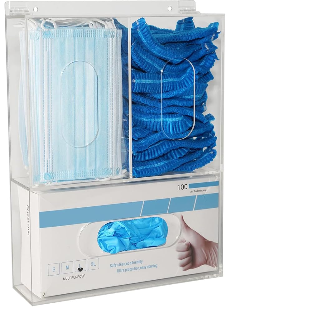 Dispenser per mascherine e guanti monouso in acrilico trasparente, progettato per il montaggio a parete, con coperchio. Offre un facile accesso agli