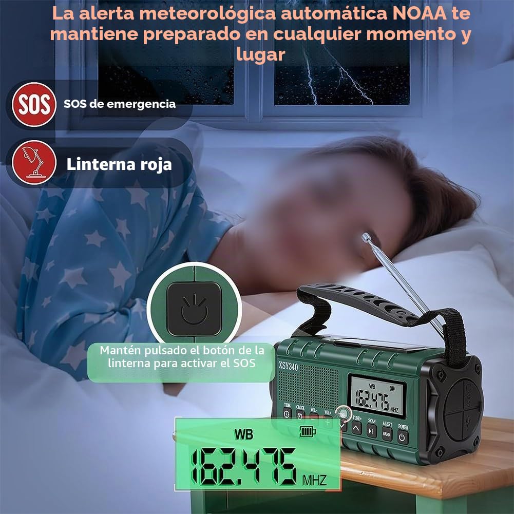 Radio Meteorológica Portátil FM/AM Con Energía Solar Y De Manivela, Batería Externa De 10000 MAh, Linterna LED, Lámpara De Lectura Y Carga USB-C Para Emergencias Al Aire Libre(Army Green)