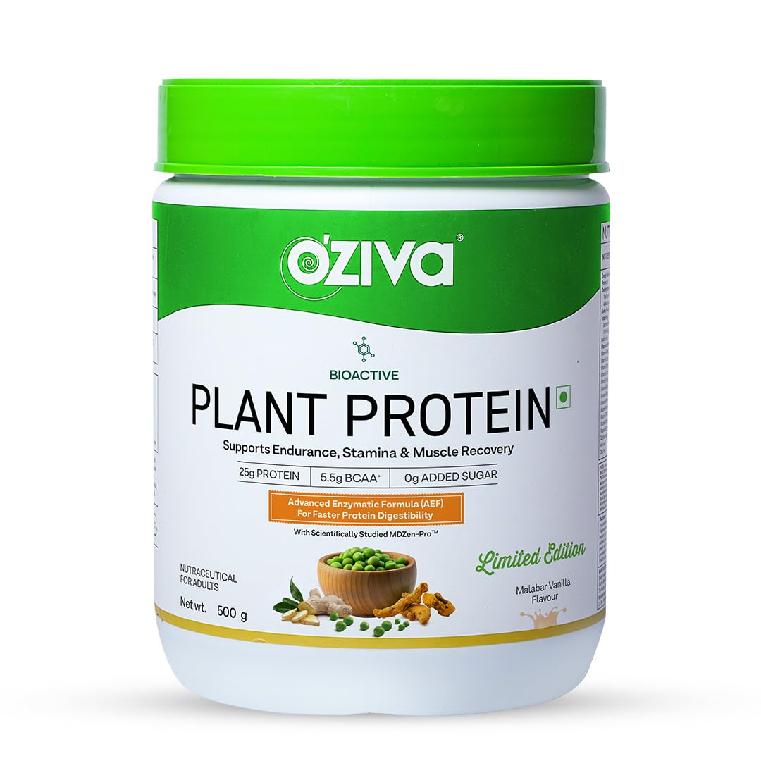 OZiva Bioactive Plant Protein (Malabar Vanilla) | 25g Protein,5.5 BCAA| Pea Isolate| Plant based Protein for Women & Men | Essential Amino Acids| Vegan Protein supplement, Clean, Sugar free, 500g