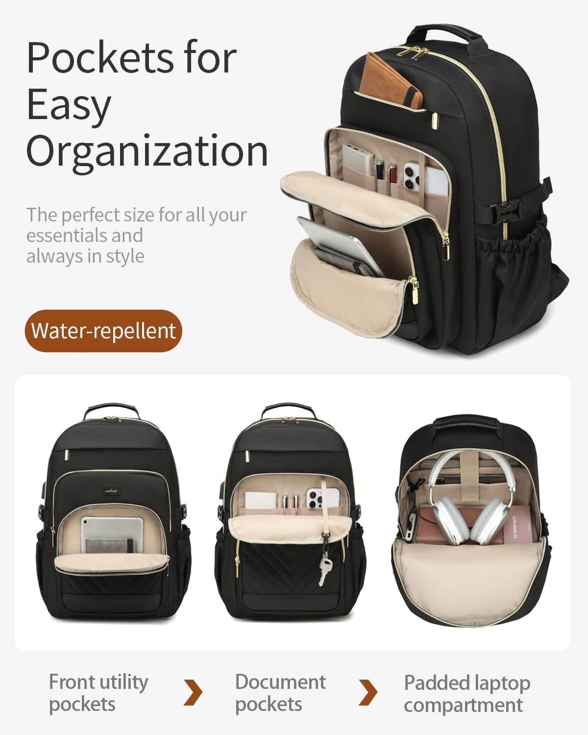 Backpack for Women Laptop Bag, Travel Backpacks Work Bags Adult School Bookbag for College Woman Teacher Nurse Office Commuter Carry On, Black
