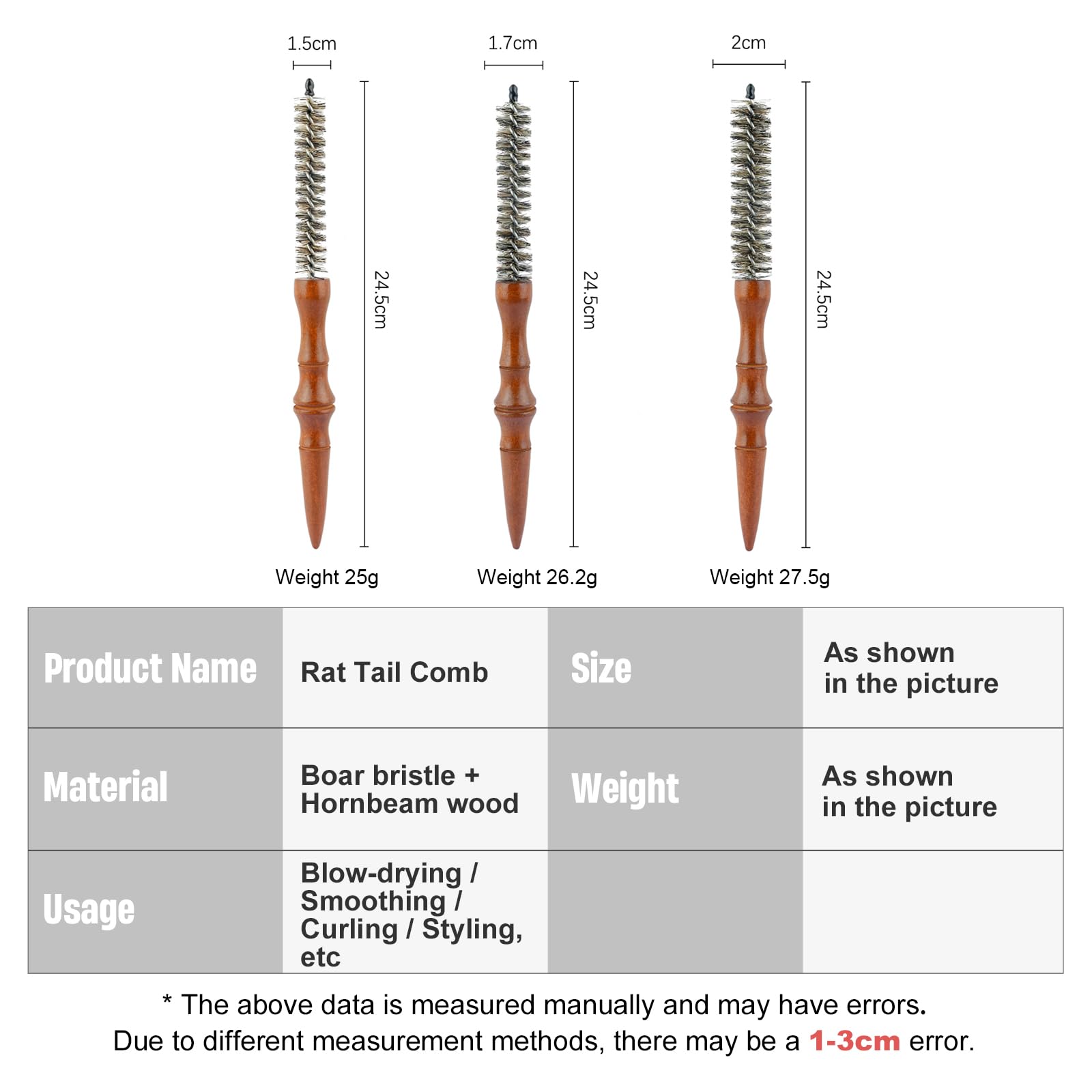 3 Pieces Small Round Brush Set, 15/17/20mm Wooden Handle Boar Bristle Hair Brush for Women Men Short Hair, Bangs, Roots, Straight, Curling