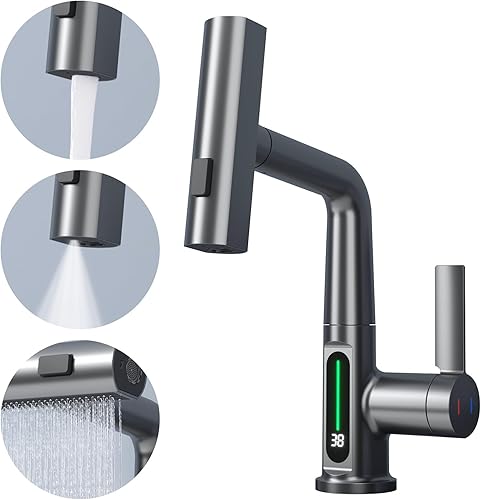 BARROCK Grifos de baño en cascada con rociador extraíble, moderno grifo de fregadero de baño extraíble con pantalla digital de temperatura, grifo