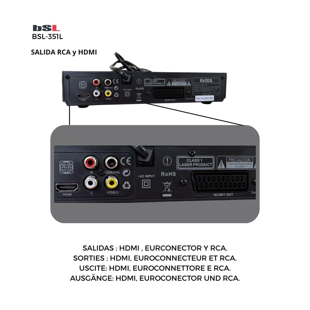 DVD-Player BSL-351L für TV, DVD/CD/MP3 mit USB-Anschluss, Media-Player, Ausgänge: HDMI (Kabel im Lieferumfang enthalten), EUROCONECTOR (SCART) und AV (AV-Kabel im Lieferumfang enthalten