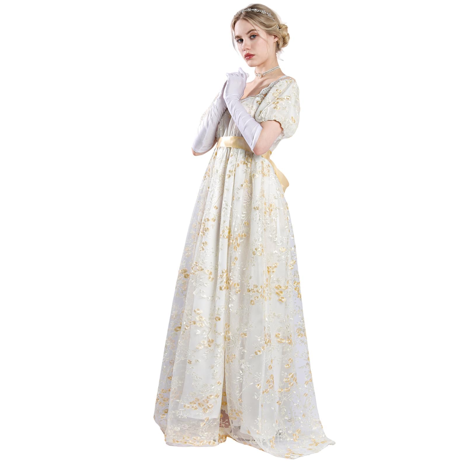 LTAKK Vestidos Regency para mujer, mangas abombadas con faja, vestido largo floral, cintura imperio, vestido renacentista, elegante, maxi para bodas, galas, vestidos de fiesta de té para mujer