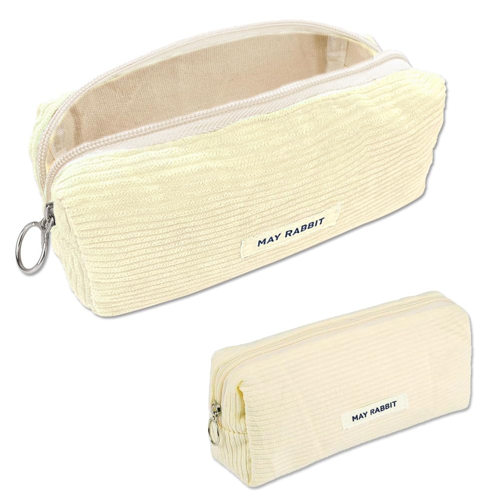 Topfunyy Cute Pencil Case Beige Corduroy Student Large Pen Pouch Bag Cosmetic Bag Office Stationery Organizer for Teenage Boys Girls