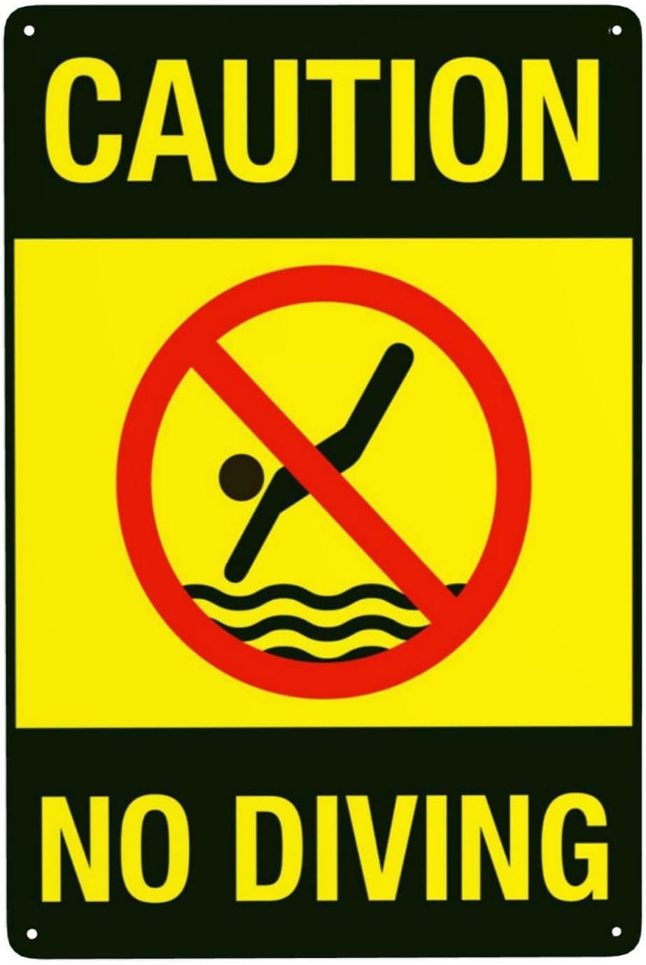 Pool Caution No Diving Rust Free Aluminum Sign - Retro Pool Rules Decor with Pre-Drilled Holes for Home/Business Pool - 16x12 Inch​
