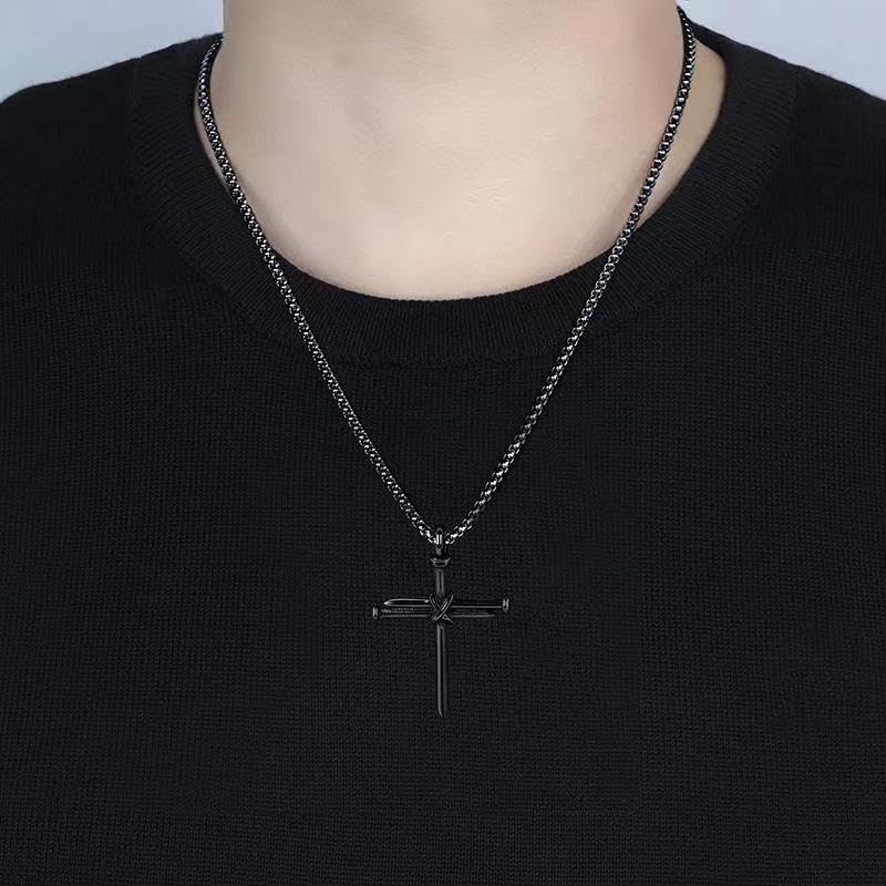 Dreuyet Nail Cross Necklace for Men Stainless Steel Vintage Polished Black Gold Silver Nail Cross Pendant Chain 24 inch Strength Bible Verse Cross Necklace Christian Jesus Jewelry Gifts3
