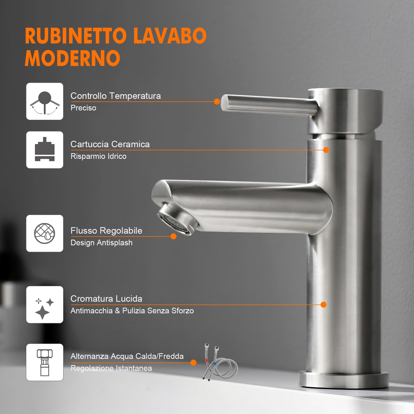 Ibergrif Rubinetto Bagno Lavabo Monocomando, Design Moderno in Acciaio Inox Antimpronta Grigio, Facile Installazione, M11103