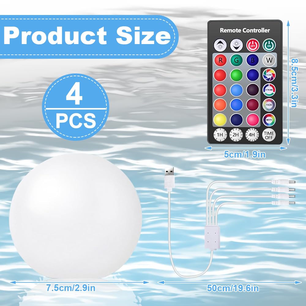 4 Stück Schwimmende Poolbeleuchtung, 16 RGB Farbwechsel Pool Lichter Schwimmend mit Fernbedienung, USB-Aufladung, Wasserdichtes Poolbeleuchtung Schwimmend, Pool Licht für Garten, Teich, Party