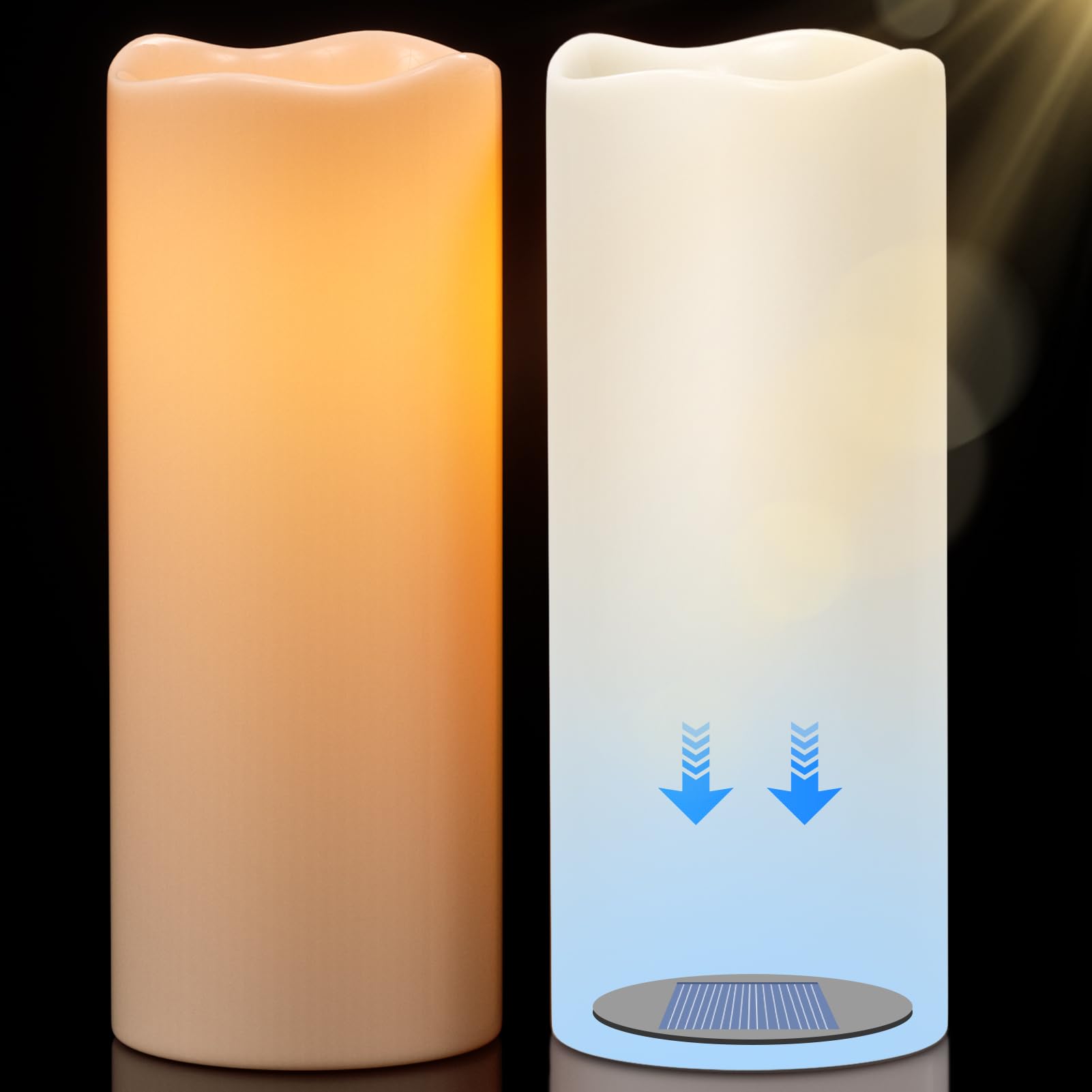GenSwin Solarkerzen für den Außenbereich, wasserdicht, 30,5 x 12,7 cm, groß, solarbetrieben, wiederaufladbar, flammenlose Kerzen, LED-Stumpenkerze mit Sensor, Timer, Dämmerung bis Morgendämmerung, für