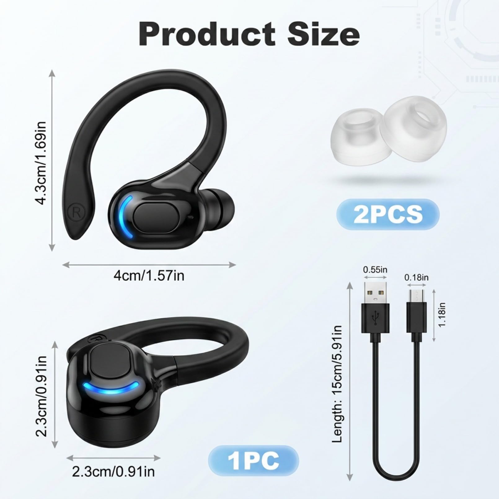 Oreillette Bluetooth Sans Fil V5.2 avec Micro Intégré, Écouteur Mono Main Libre Bluetooth, Tour d’Oreille 360°, Réduction de Bruit, 20 h d’Autonomie, Compatible avec iPhone, Android, Conduite, Sport