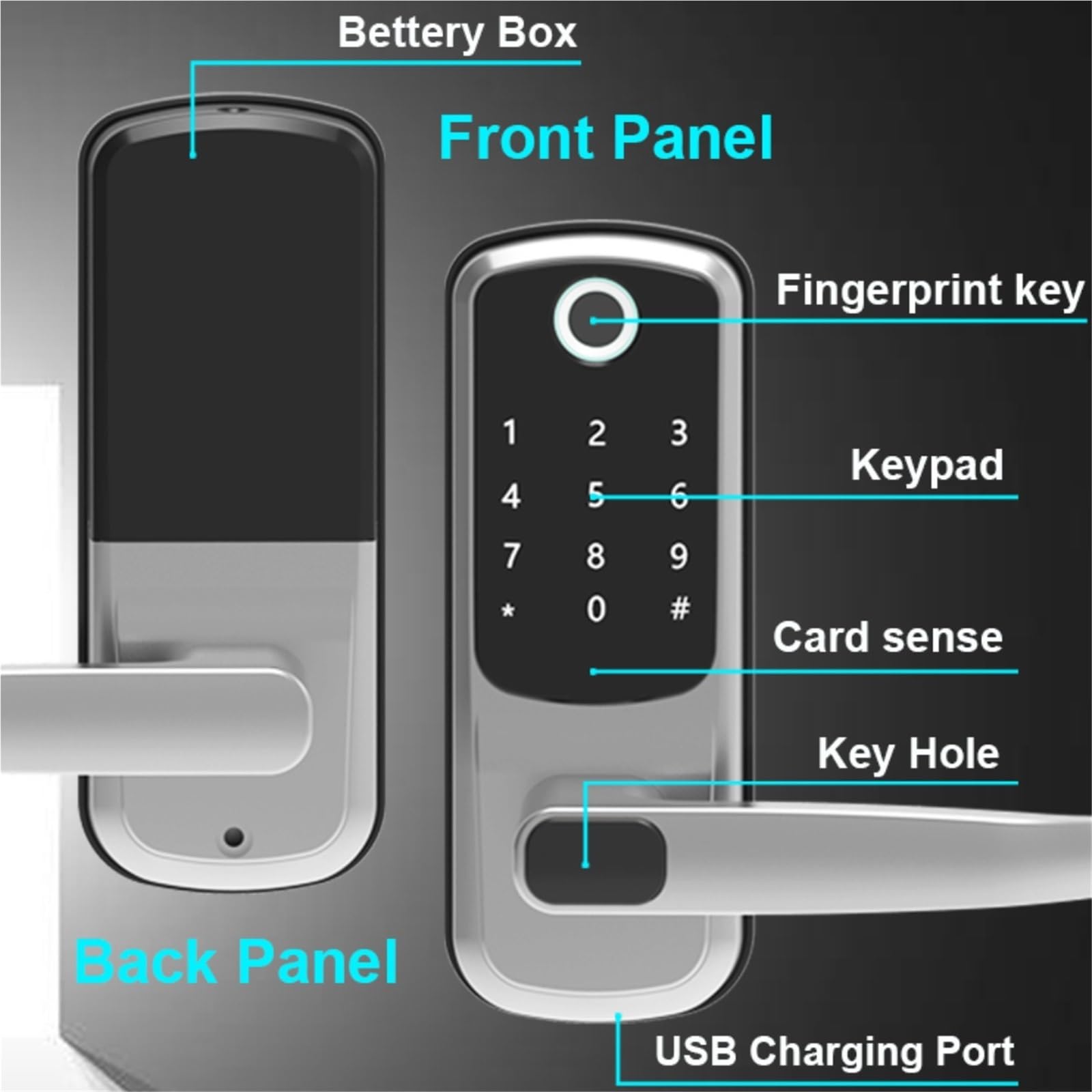Elektroniczny inteligentny zamek do drzwi z biometrycznym odciskiem palca/hasłem kartą inteligentną odblokowaniem klucza awaryjną ładowarką USB(Nero)