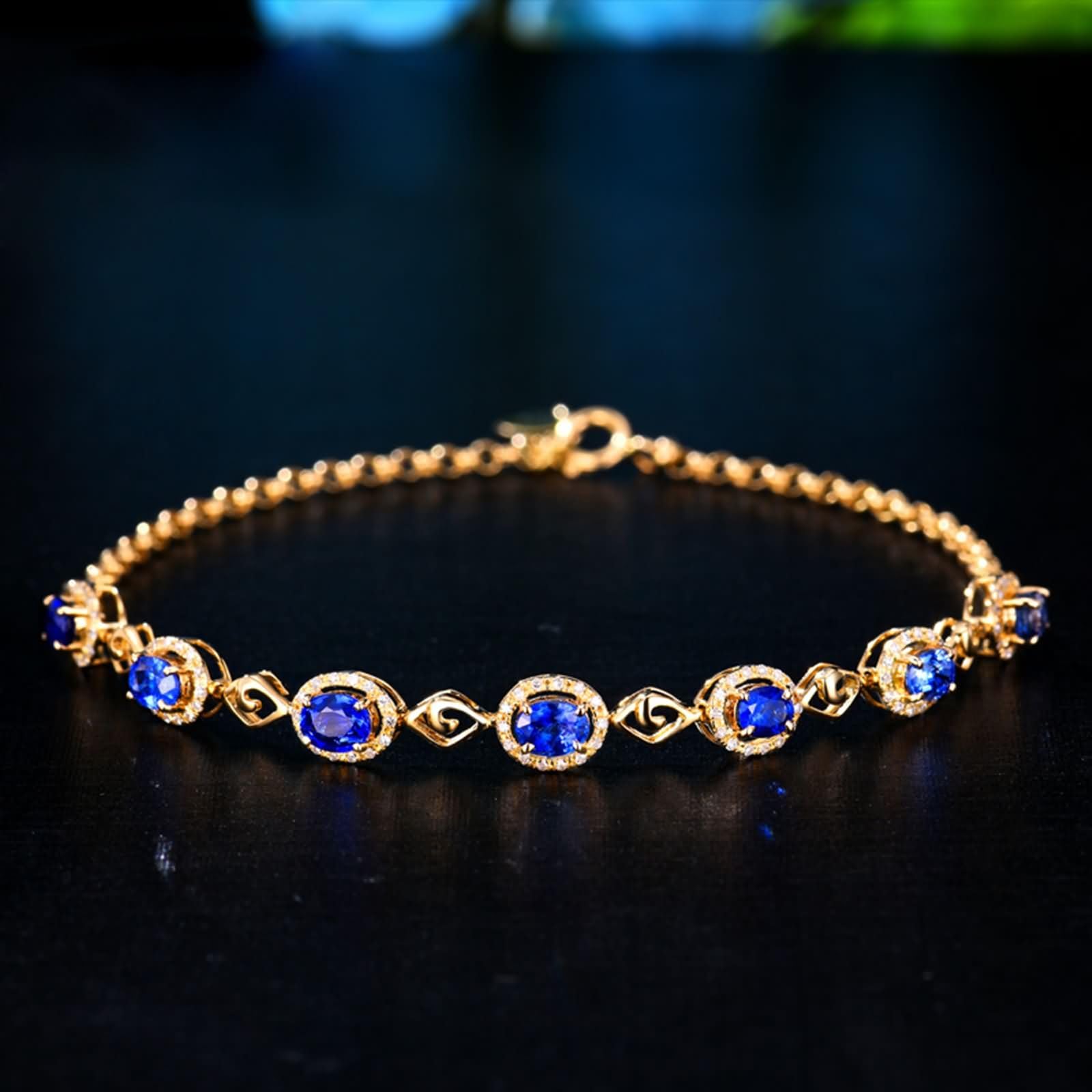 Pulseras Oro Amarillo 9 Kilates / 14 Kilates / 18 Kilates Mujer, Rombo Hueco y Oval con Zafiro Creado de 1,9 ct y Diamante, Cadena Extensible 16 CM + 5 CM, Pulseras de Oro Azul de Mujer