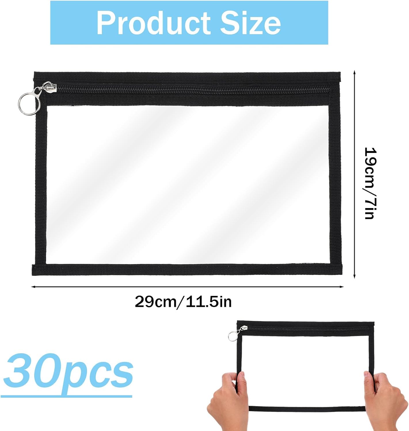 30 Pack Clear Zipper Pouches, PVC Waterproof Envelopes Folder Makeup Bags Pencil Pouch Multi Purpose Document File Organization Bag for Travel Home Office Supplies, 11.5 x 7 Inches