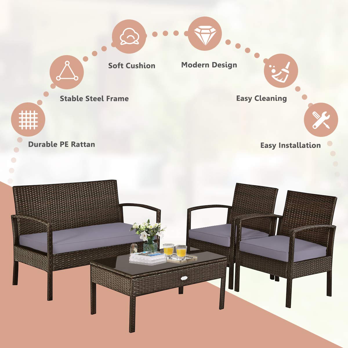 Tangkula 4 Piece Outdoor Furniture Set Patio Garden Pool Lawn Rattan