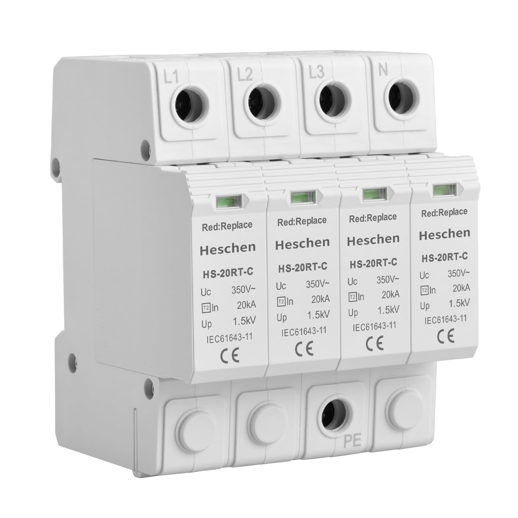 Heschen Surge Protective Device SPD, HS-20RT-C, 4P 350VAC 20KA, Built-in replaceable over current fuse, Low-Voltage Arrester