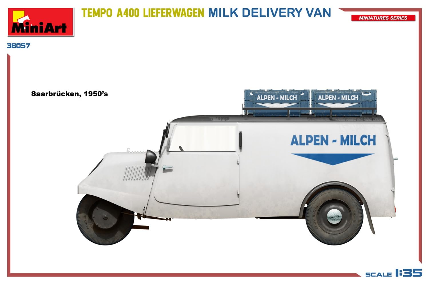 Mini Art 38057 1:35 Tempo A400 wózek dostawczy mleko – wierna replika, modelarstwo, plastik, zestaw do montażu, majsterkowanie, hobby, klejenie, zestaw modelarski, montaż, nielakierowany