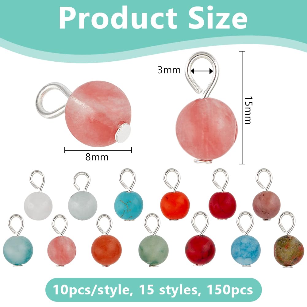 PH PandaHall 150pcs 15 Stile Natürliche Edelstein-Anhänger 8mm Runde Stein Charms Naturstein-Anhänger Edelstein-Anhänger Kristall-Stein-Anhänger für Halskette, Armband, Ohrring, Schmuck, DIY-Handwerk