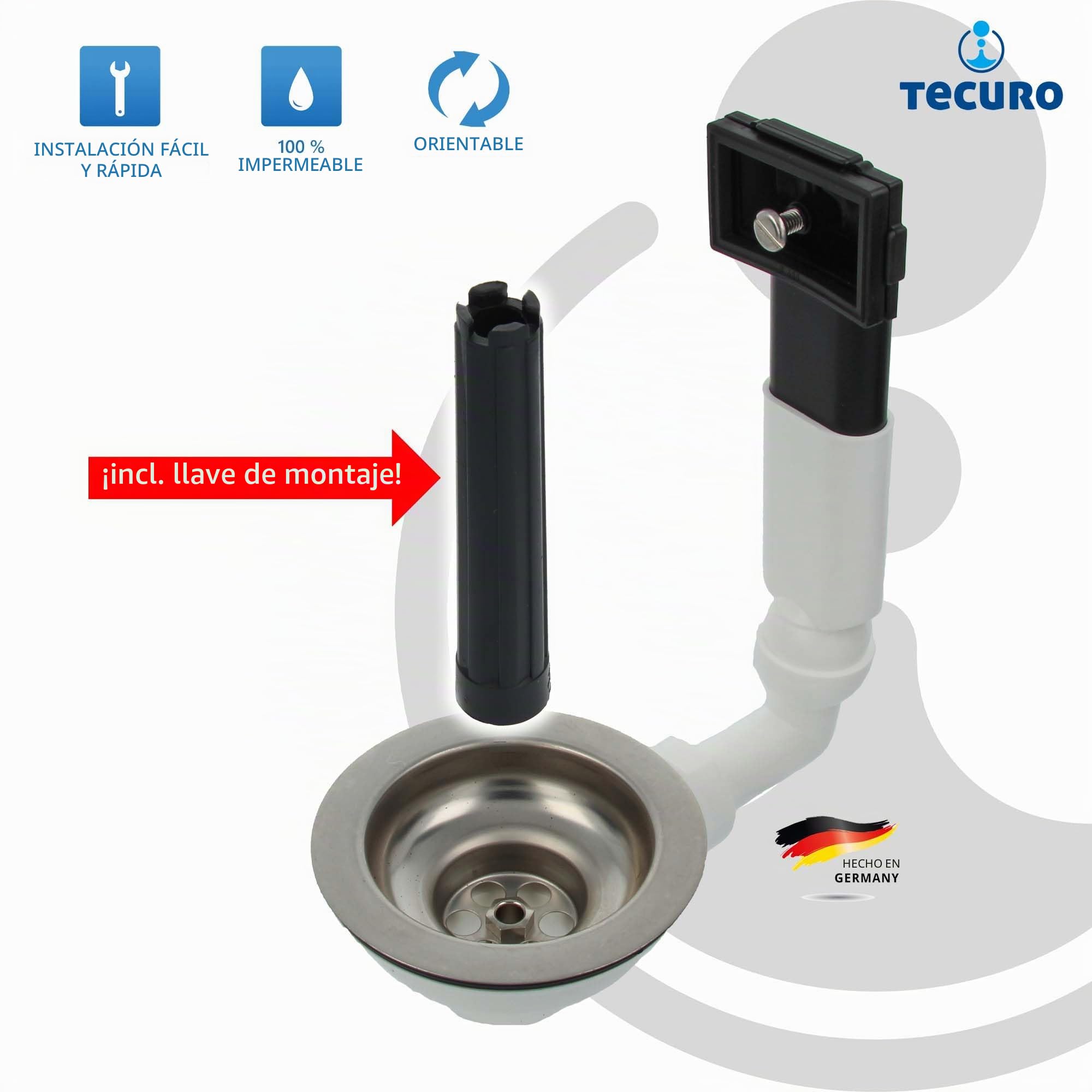 Tecuro - Desagüe para fregadero, válvula de cesta, 3 1/2", 114 mm, con rebosadero, 38 x 64 mm