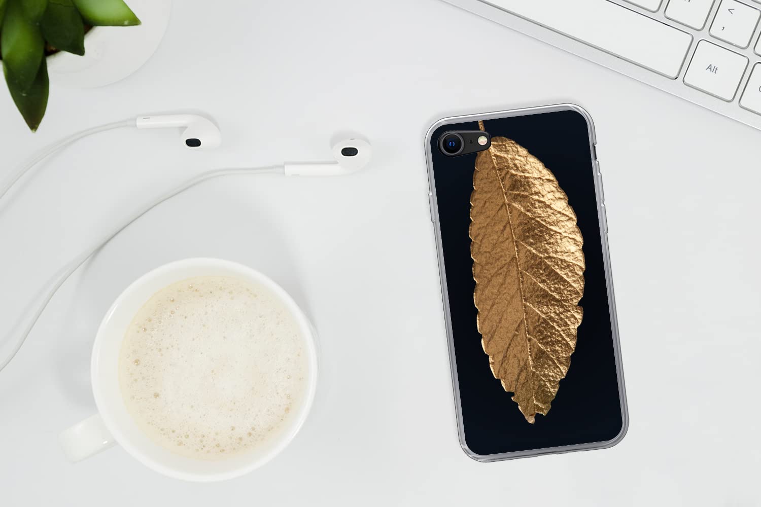 MuchoWow Funda para iPhone 8 - Hojas - Negro - Oro - Lujo - Naturaleza - Funda de Silicona/Funda Blanda para teléfono móvil
