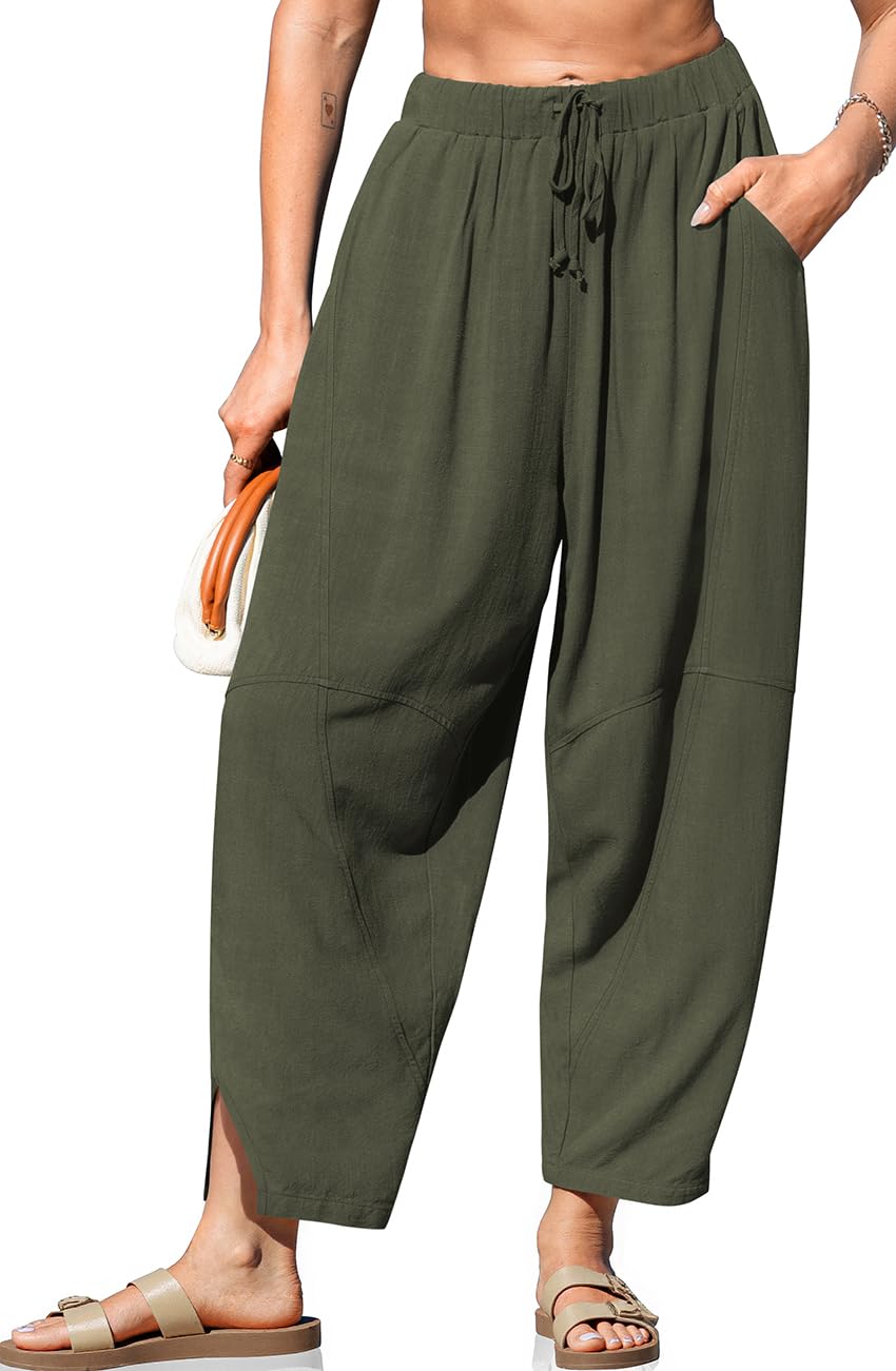 TARSE Women's Linen Harem Pants with Pockets | Loose Fit Wide Leg Elastic Waist Cropped Pants, Lightweight Breathable, Lounge & Casual Summer Trousers