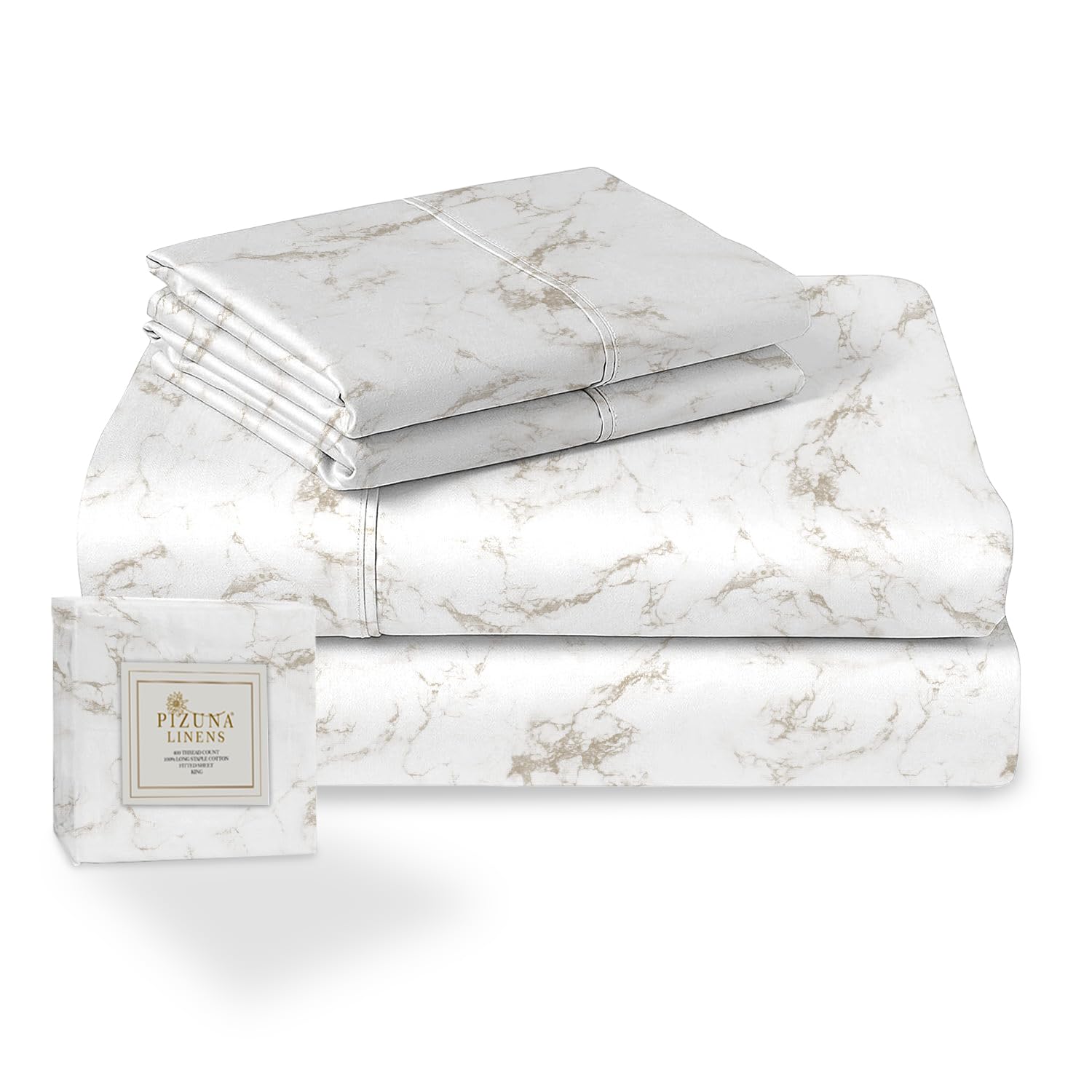 Pizuna Carrara Marble Taupe Cotton Print Double Bed Sheet Set 400 Thread Count 100% Long Staple Sateen Cotton Printed Bedding Set Includes 1 Fitted Sheet 1 Flat Sheet 2 Pillowcases(Printed Bed Sheets)