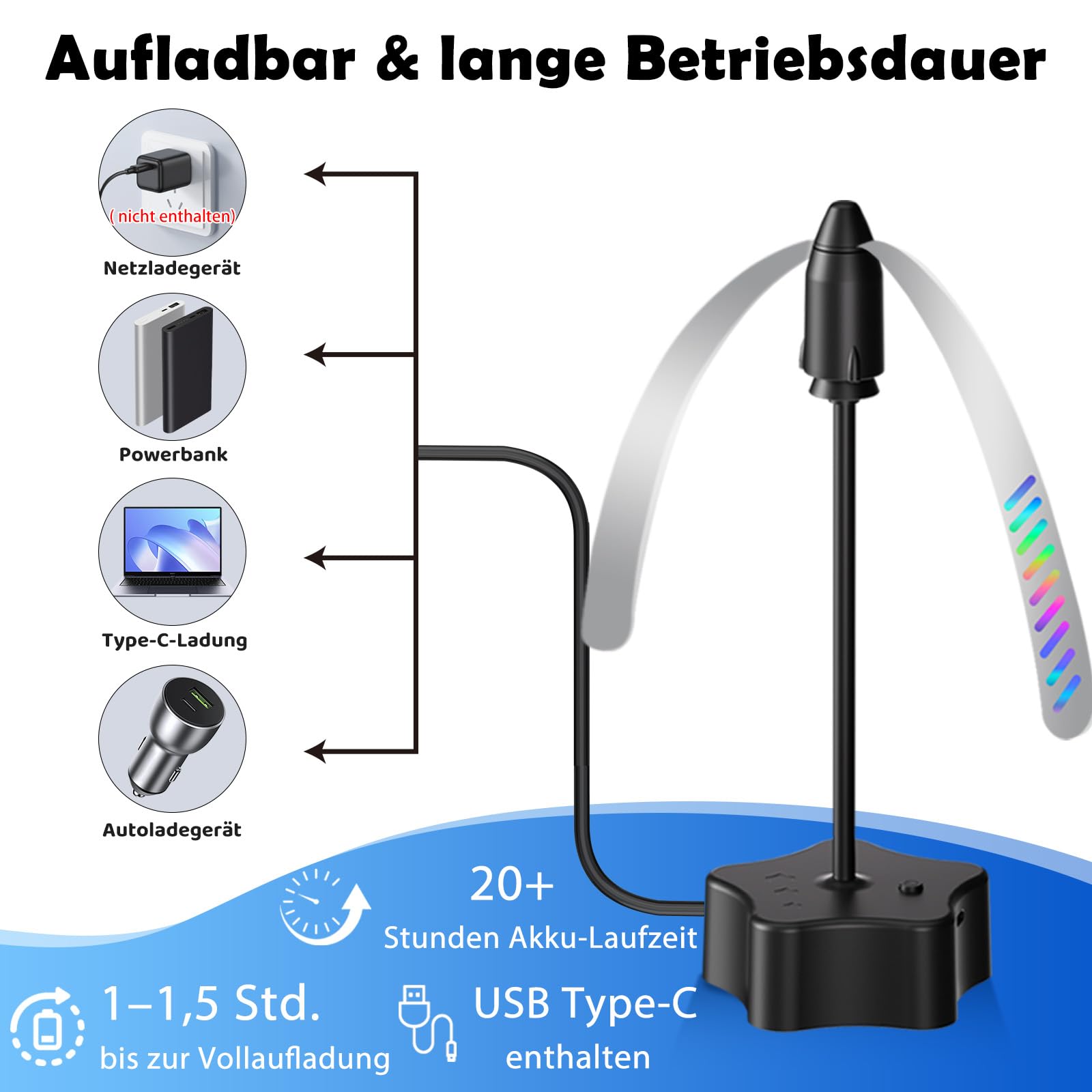 4er Fliegenwedler, USB-C aufladbar Fliegenfächer für Tische, tragbarer Fliegenabwehr Ventilator mit holografischen Reflexflügeln, leiser Fliegenvertreiber für Innen und Außen, Grillen, Picknick