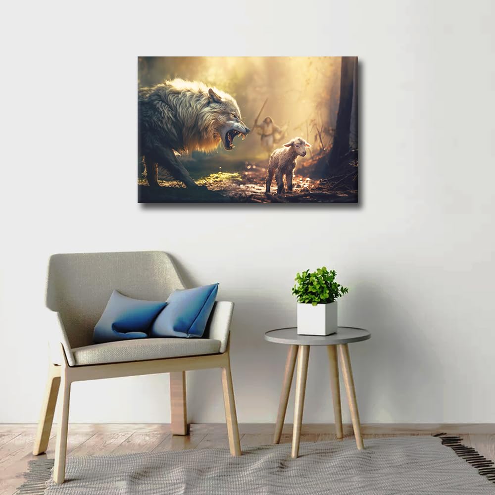 TISHIRON Christian Pictures for Bedroom Wall Decor Jesus Running Towards Wolf Canvas Prints Wall Art Modern 1 Panel Wall Art Artwork for Walls Posters Stretched and Framed Ready to Hang - Image 4