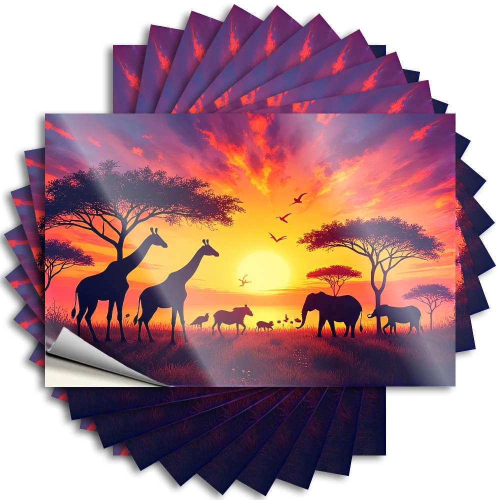 Fzfn Colour Lettering Sticker Cool Bedroom Accessories Easy Apply | African Savannah At Sunset With Giraffes, Elephants, And Birds. New Cover Peel And Stick(8X12cm)