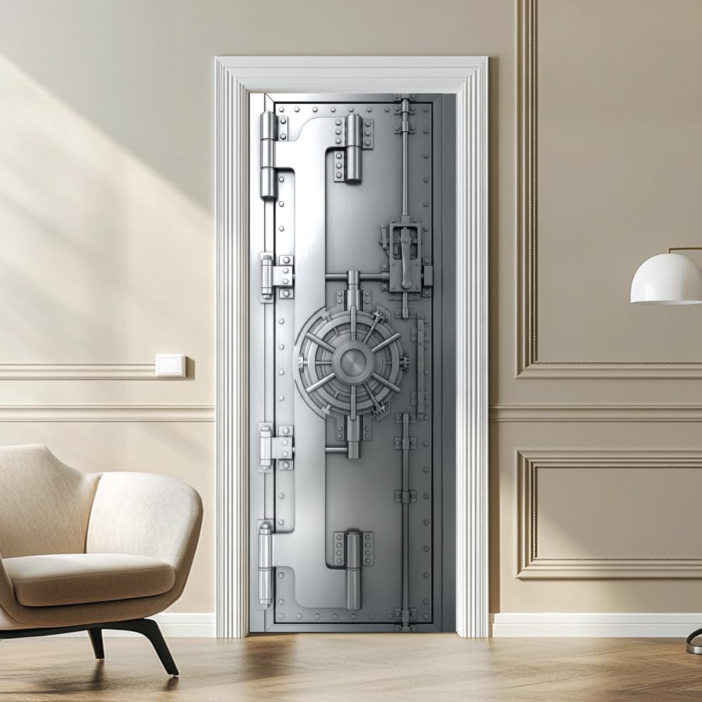 arricraft 2 Pcs Bank Vault Theme Self-Adhesive Door Sticker, 31.5"x78.7" Silver Metal Decorations Door Murals Stickers PVC Removable Wallpaper Decoration for Bedrooms Living Room