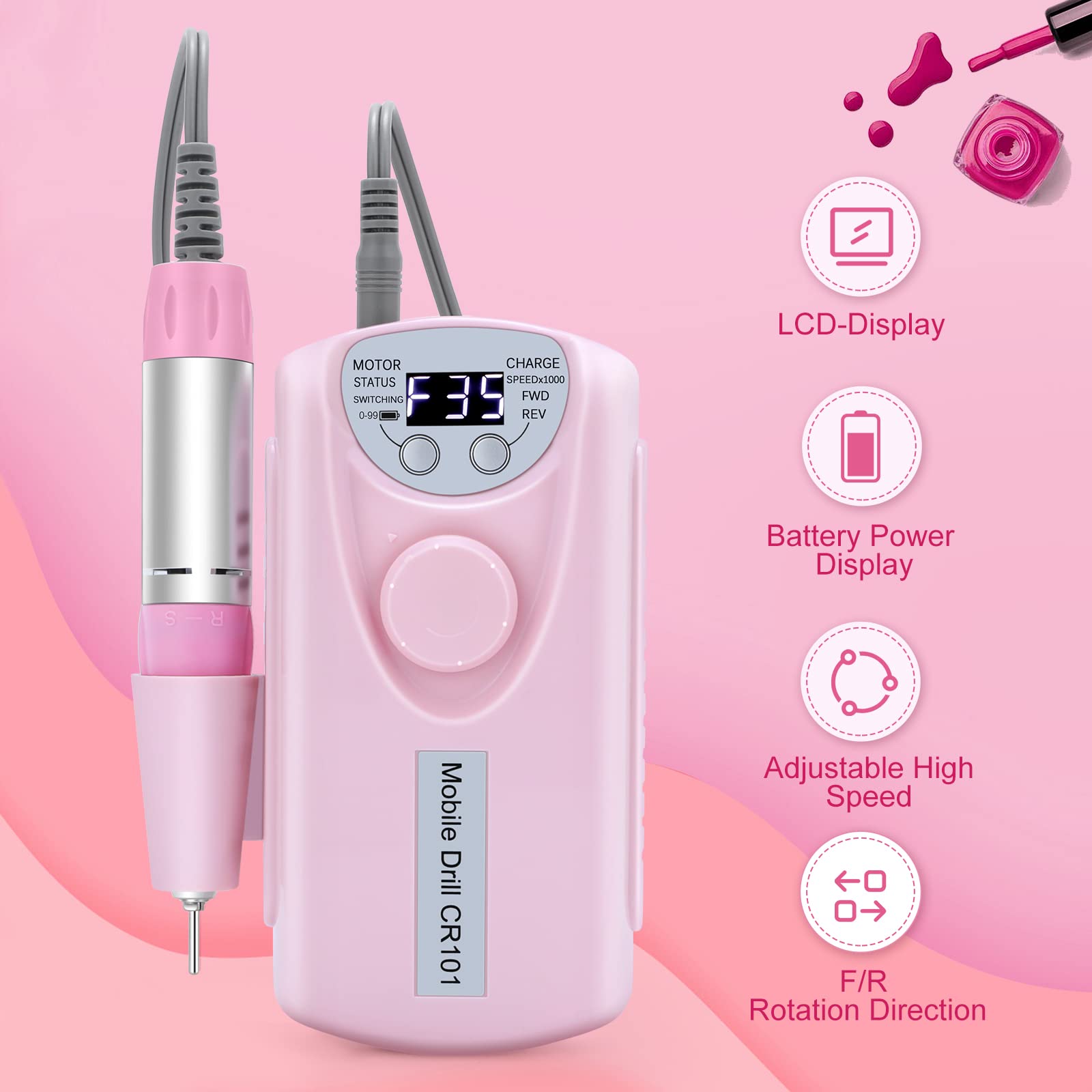 Perceuse à ongles électrique portable - 35 000 tr/min professionnelle rechargeable - Lime à ongles sans fil pour enlever le vernis à ongles en gel - Pour Salon de manucure kit d'embouts, rose