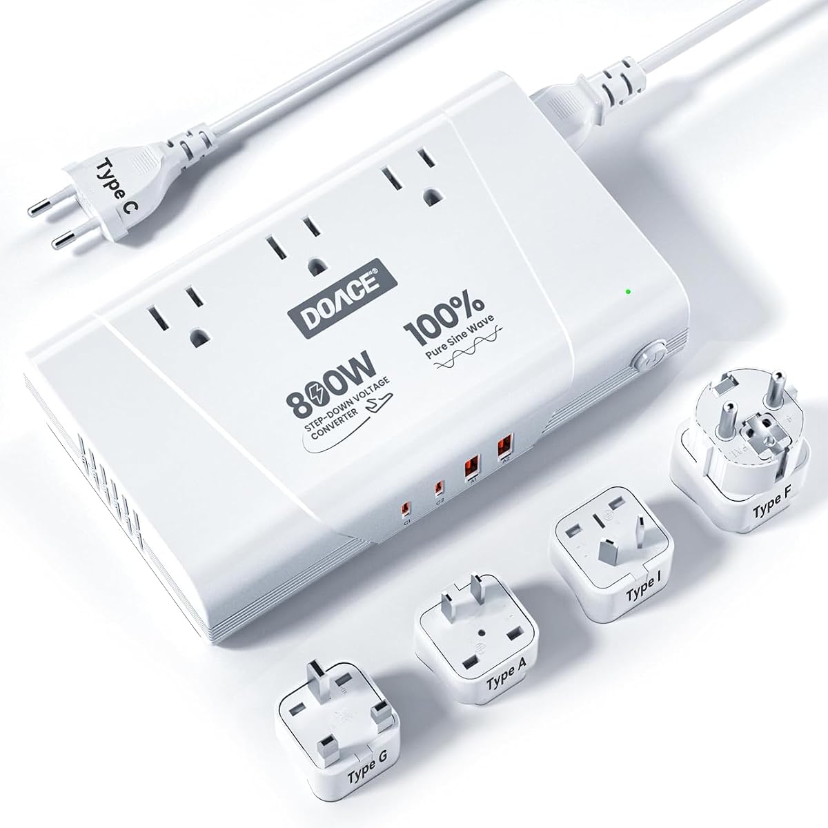 800W Pure Sine Wave Voltage Converter US to Europe for U.S. Devices Abroad | 220V to 110V Converter for European Travel, 6 in 1 Power Converter Adapter Combo with 35W PD and 30W QC USB Chargers