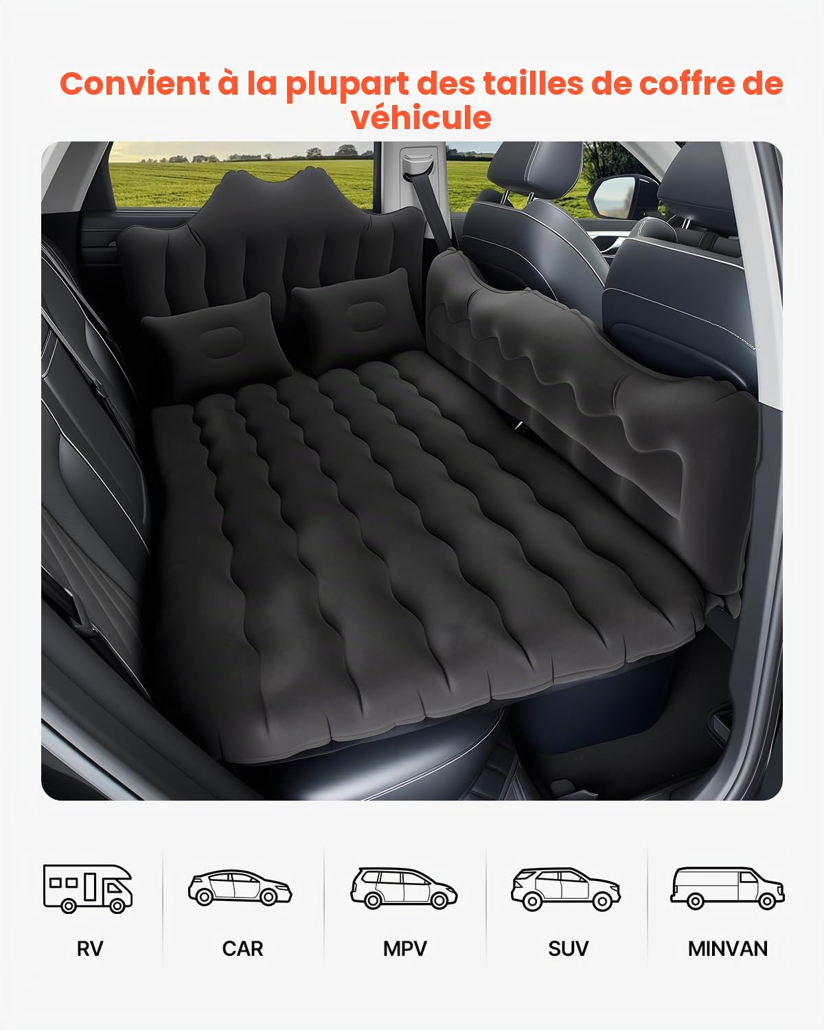 VEVOR Matelas Gonflable pour Voiture, lit Gonflable floqué pour siège arrière, Matelas de Couchage Portable et Durable avec Pompe à air, 2 oreillers, Embout, Sac de Transport, pour SUV, MPV, Noir
