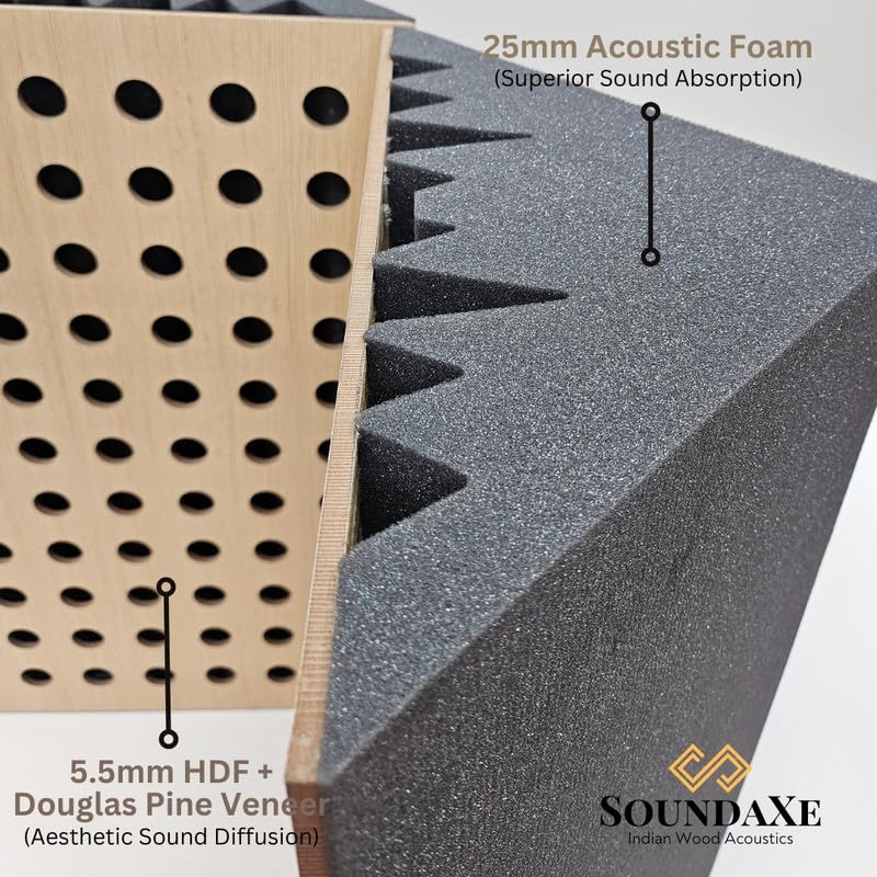 Image of SoundaXe M-Dot Corner Bass Trap, Wood + Acoustic Foam | Diffuse Bass in Studio & Home Theatres | Douglas Pine, 24x15 inch, 2 pcs