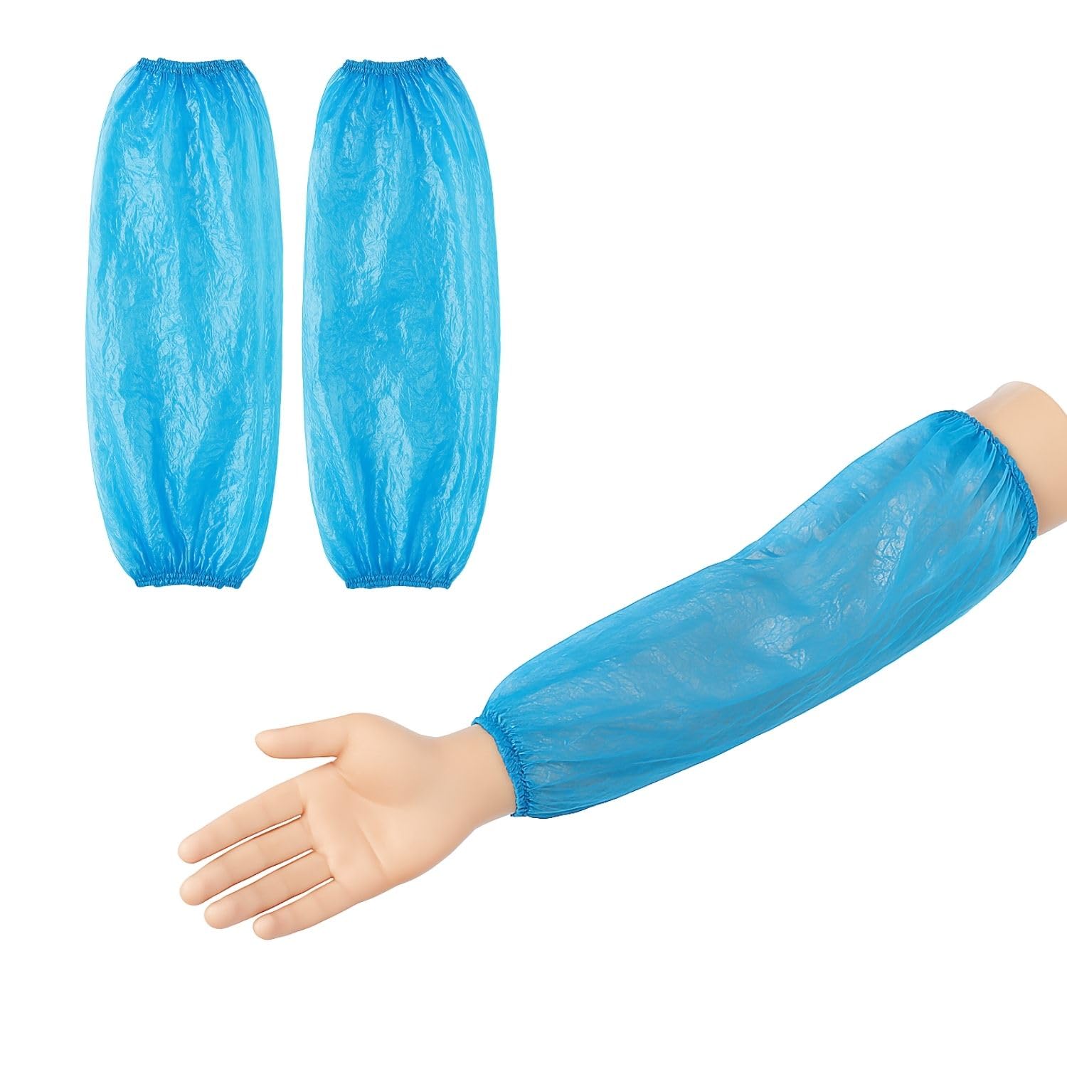 100 Manicotti per Braccia Monouso in Polietilene, Resistenti e Impermeabili con Doppio Elastico, Ideali per Lavoro e Uso Domestico, 16x40 cm, Azzurro