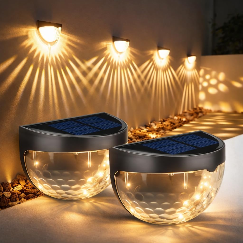 Gesto Solar Wall Lights Outdoor Waterproof IP65,Warm White Fence Light with Decorative Ray Lighting Effect, Auto ON/Off Dusk to Dawn, Garden Wall Lamp for Patio, Pathway, Deck,Balconies - Pack of 2