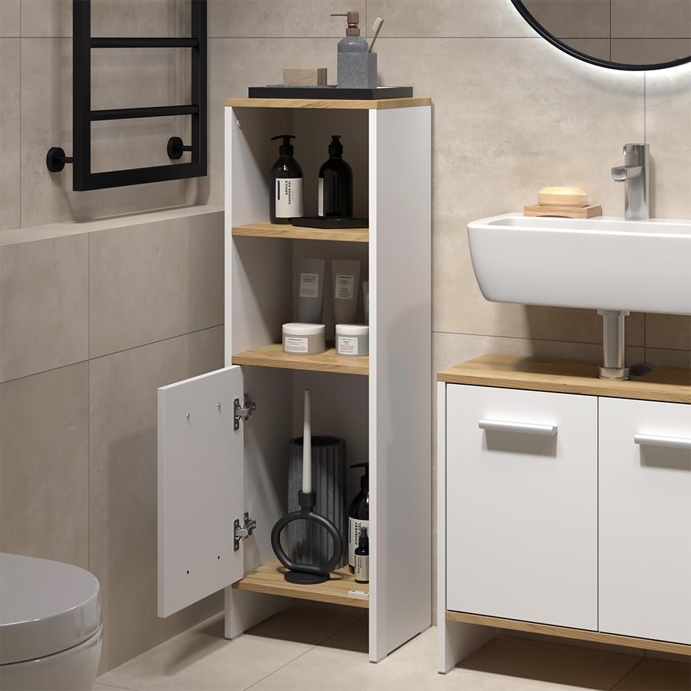 Vicco Ensemble de Meubles de Salle de Bains Karli, Chêne Blanc/Force de l'or, 131.4 cm, composé d’Un Meuble sous-lavabo, d’Une Armoire de Toilette et d’Une Colonne