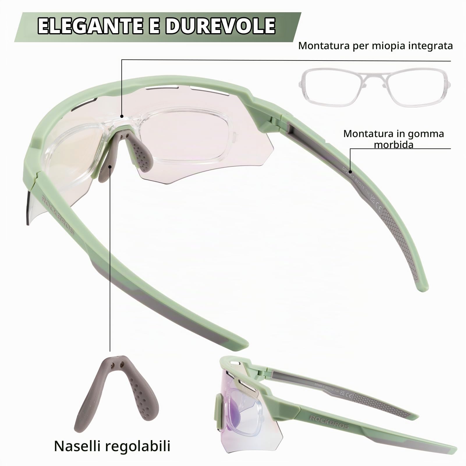 ROCKBROS Occhiali da Sole Ciclismo Polarizzati con Lenti Intercambiabili | Protezione UV400, Occhiali Sportivi per Bici MTB Corsa Pesca Viaggio Guida Uomo Donna