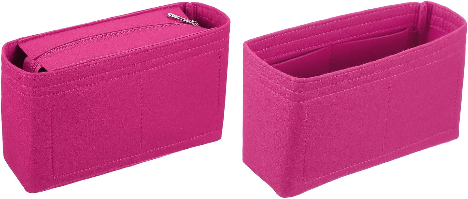 uxcell Purse Organizer Insert Set, Portable Felt Organizer Bags with Zipper Multiple Compartments Purse Liner for Shoulder Satchel, Tote Bag, Handbag Shaper(8.7 x 2.4 x 5.5, Rose Red)