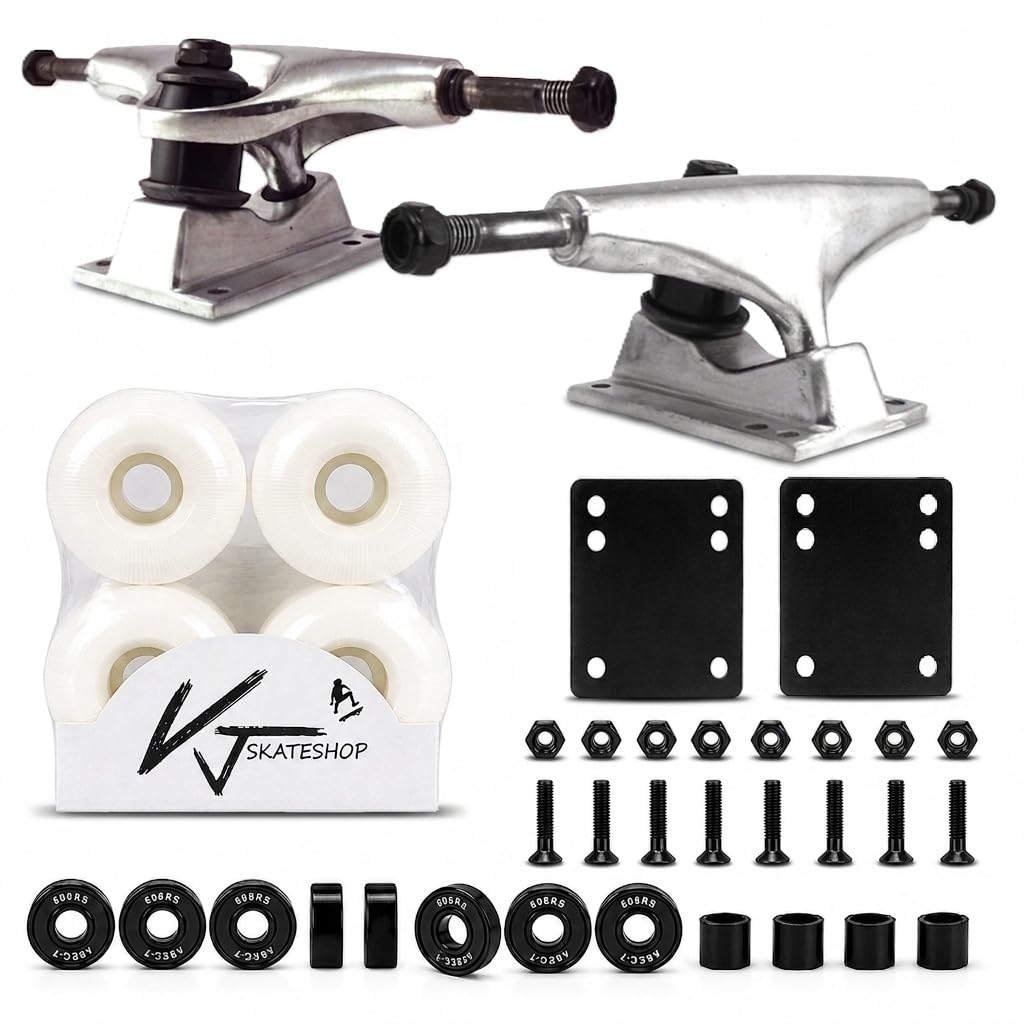 VJ 5.0 - Camiones de monopatín (Plateado), Ruedas de monopatín de 52 mm, rodamientos de monopatín, Almohadillas de monopatín, Hardware de 1 Pulgada (52 mm, Blanco) | Kit completo de piezas de monopatín con camiones, ruedas, rodamientos y herramientas