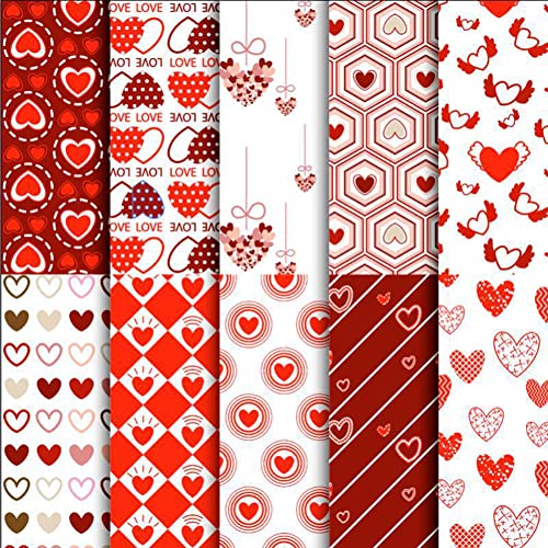 EUWLY 10 Stück Valentinstag Patchwork Stoffe,Quadrate Herz Gedruckt Baumwollstoff,DIY Handgefertigte Stoff Paket zum Nähen Quilten Valentinstag Jubiläum Geschenk Basteln Dekoration Zubehör,25x25cm Cover