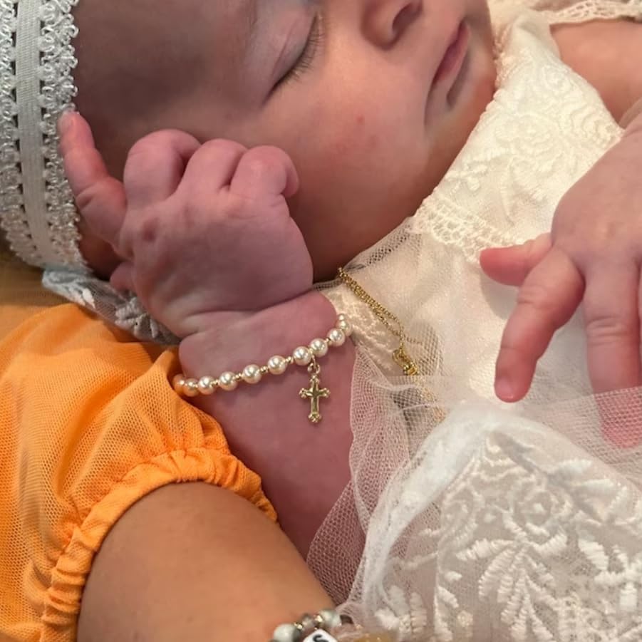 Image of Christening 14KT Gold-Filled Beads | Cream European Simulated Pearls | Cross Charm Luxury Baby Bracelet | Baptism Unisex Child Bracelet