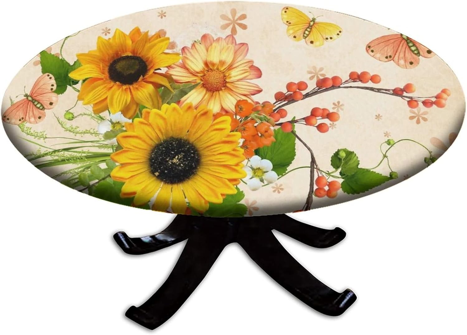 Sunflower Fitted Tablecloth Round, Washable Table Cloth for Kitchen Dining, Helianthus Garden Photo Oil Proof Polyester Tablecloths for 48"-52" Table, Brown Yellow